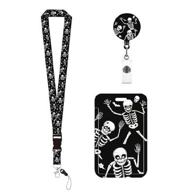 Halloween Skelett Kartenhalter Ausziehbarer Ausweishalter mit Abnehmbarem Hals-Lanyard-Riemen für Firmenveranstaltung Schule