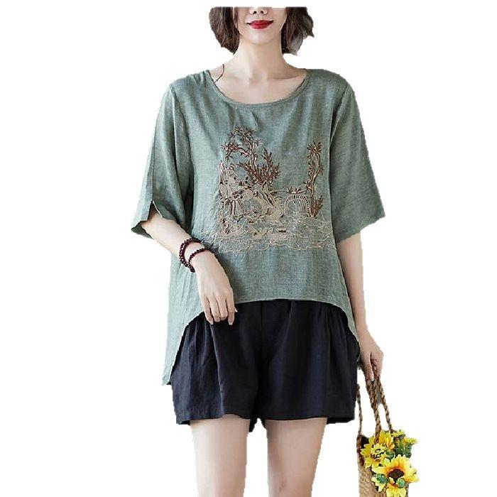 Literary Embroidered Cotton Linen Medium Long Short Front and Long Rear Irregular Hem Slit Top Short Sleeve Women's Summer T-shirt