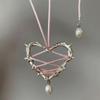 Exaggeration Vintage Elegant Trendy Metal Heart Necklace Ribbon Pearl Pendant Clavicle Chain For Women  Jewelry