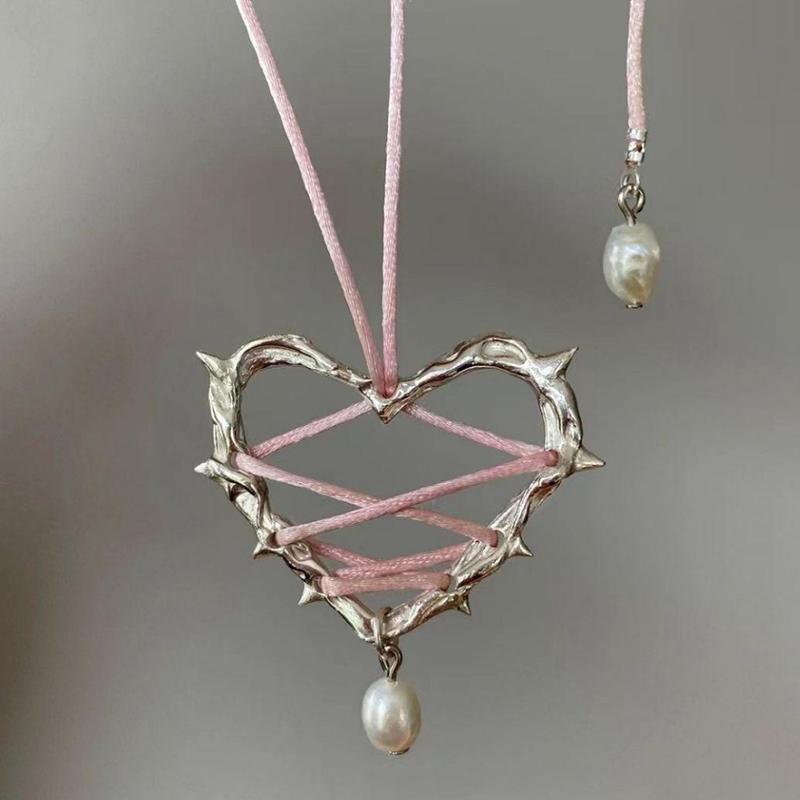 Exaggeration Vintage Elegant Trendy Metal Heart Necklace Ribbon Pearl Pendant Clavicle Chain For Women  Jewelry