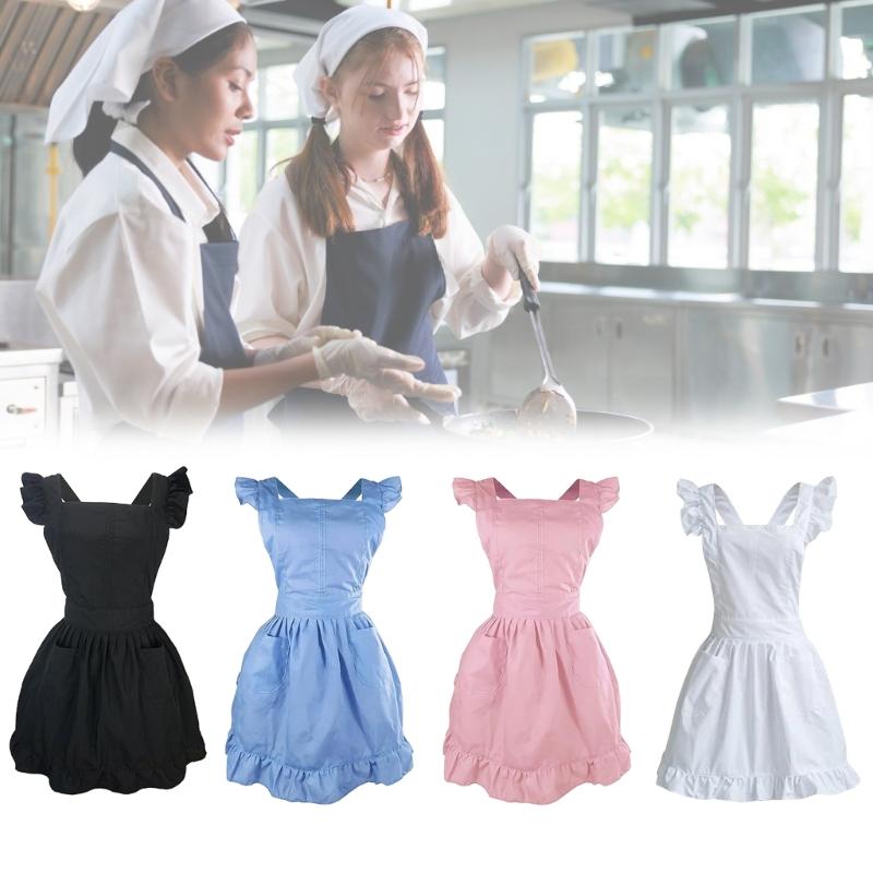 Women Ruffled Apron with Pocket Cotton Apron Pinafore Dress Ruffle Maid Apron Kitchen Cooking Apron for Baking Gardening