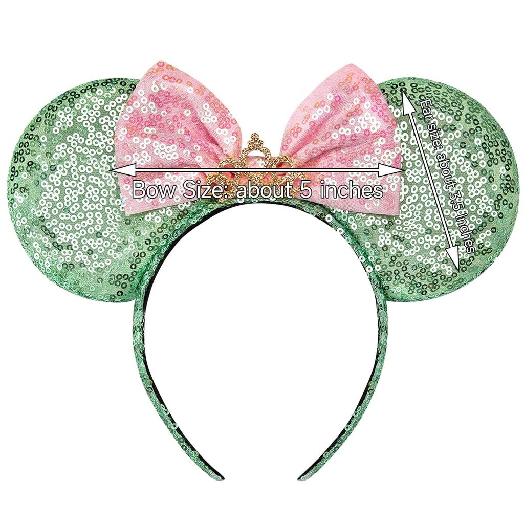 RAZKO Mouse Ear Headband, Sequined Green Mouse Ear Hairband, Animal Ear Headband for Women and Girls, Hair Accessories (Green Crown, Size L)