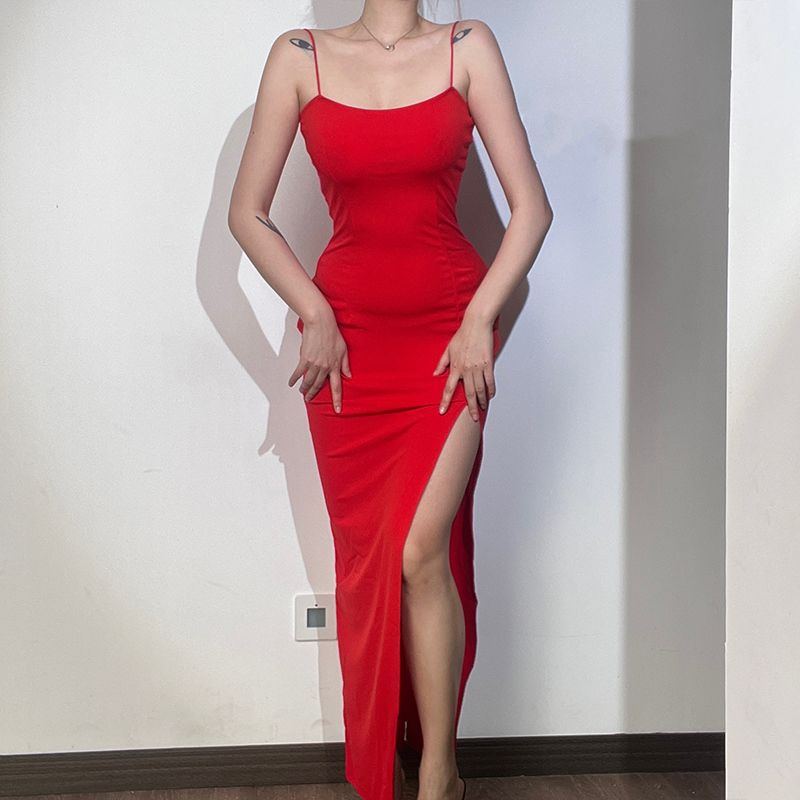 

# Sisjuly# Entry Lux Elegant Fancy Elegant Square Collar Dress Women s High Slit Slim Fit Suspender Dress Red S