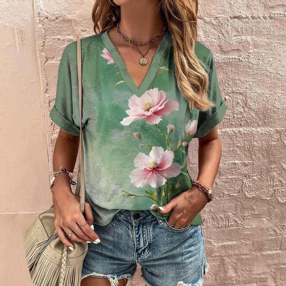 Summer Women's T-shirt V-neck Short-sleeved Floral Graphic Printing Outdoor T-shirt Women's Casual Clothing Street Shirt