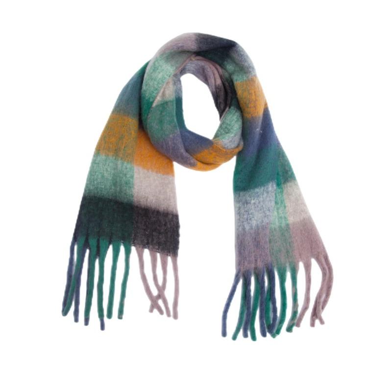 Winter Yarn Thicken Style Luxury Multicolour Plaid Faux Mohair Scarf Women Tassel Long Ring
