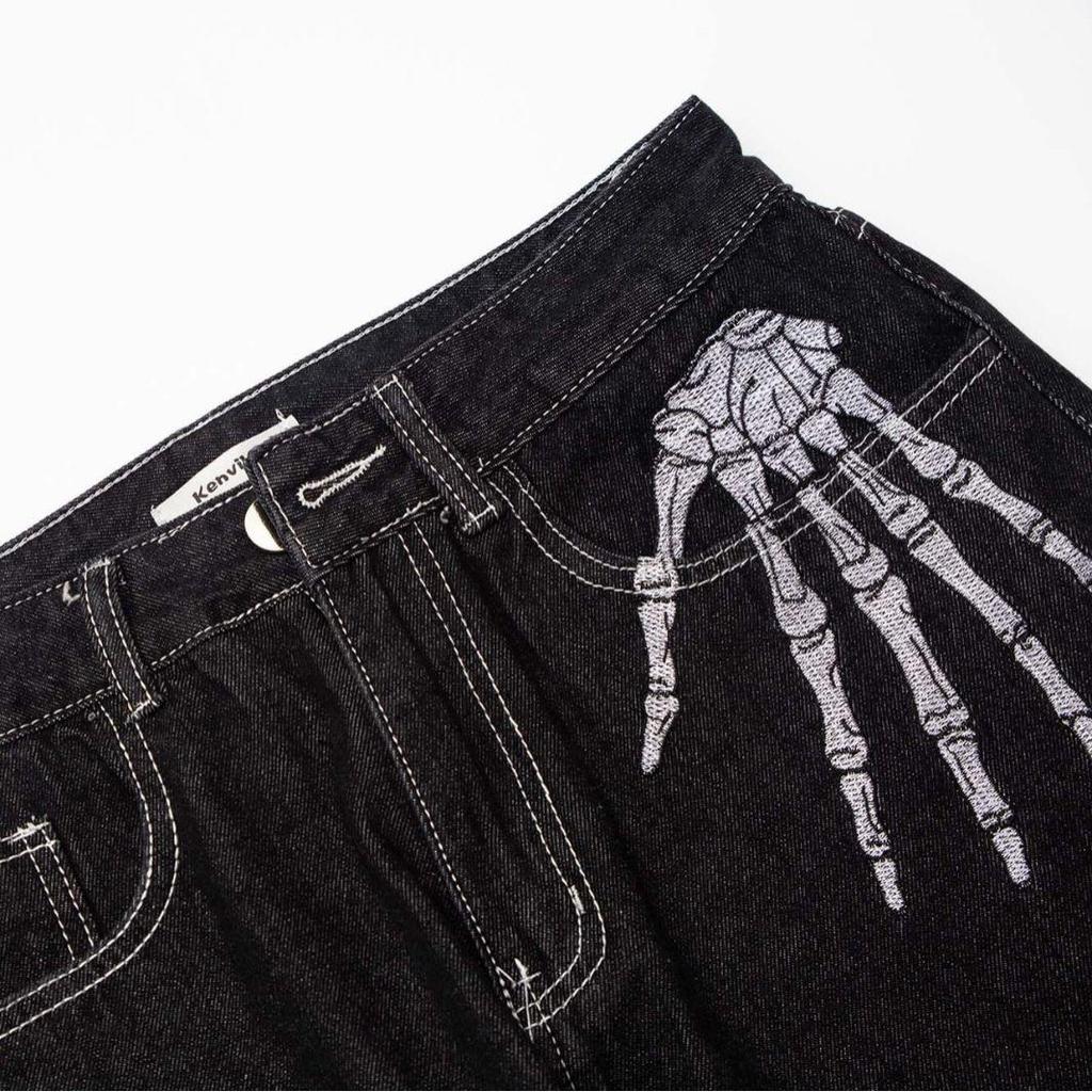 Jeans Uomo Stampa Osso Scuro Pantaloni Larghi Trendy Gamba Dritta