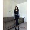 Spice Girl Pure Desire Square Neck Split Dress Autumn New Women's Clothing Waist Splicing Hip Wrap Medium and Long Dress
