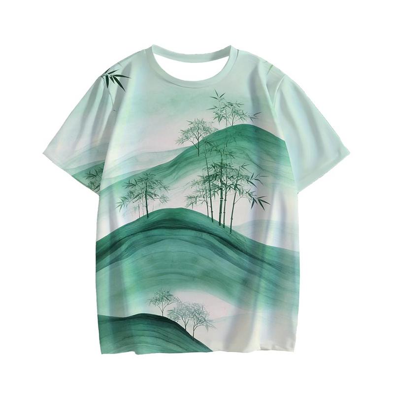 Chinese Traditional Ink Wash Landscape Style Patterned T-shirt for Men, Fashionable Summer Streetwear Casual and Personalized Short Sleeved Tops XL