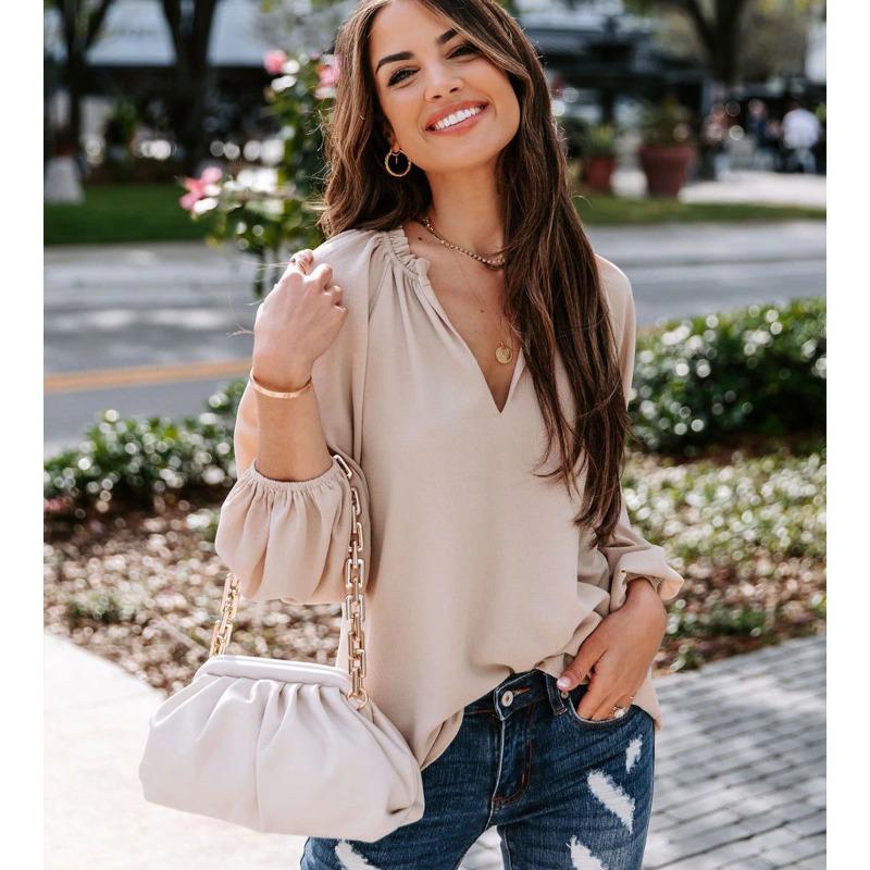 

QICED Жіночі Модні Повсякденні Однотонні Блузки та Сорочки з Принтом з Довгим Рукавом та V-подібним Вирізом XXXL хакі