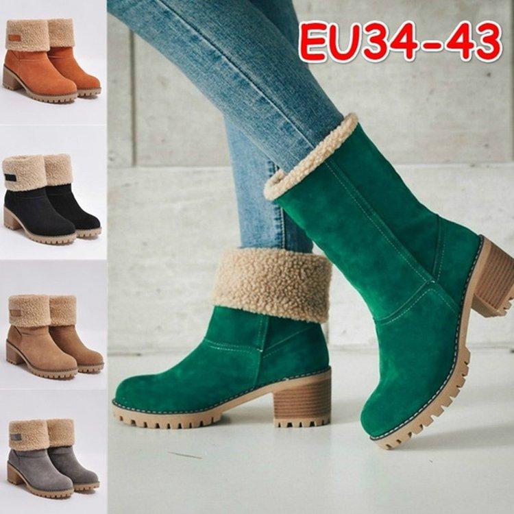 Summer women's boots winter tube women's solid color green thick heel round head snow boots flanged stiletto