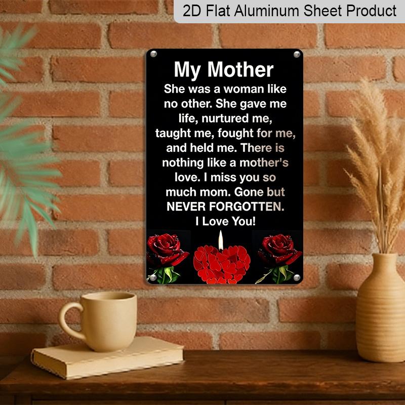2D Flat Memorial Metal Sign for Mom, "My Mother Gone But Never Forgotten" Quote, 8×12 Inch Aluminum Wall Art, Red Rose & Candle Design, Durable