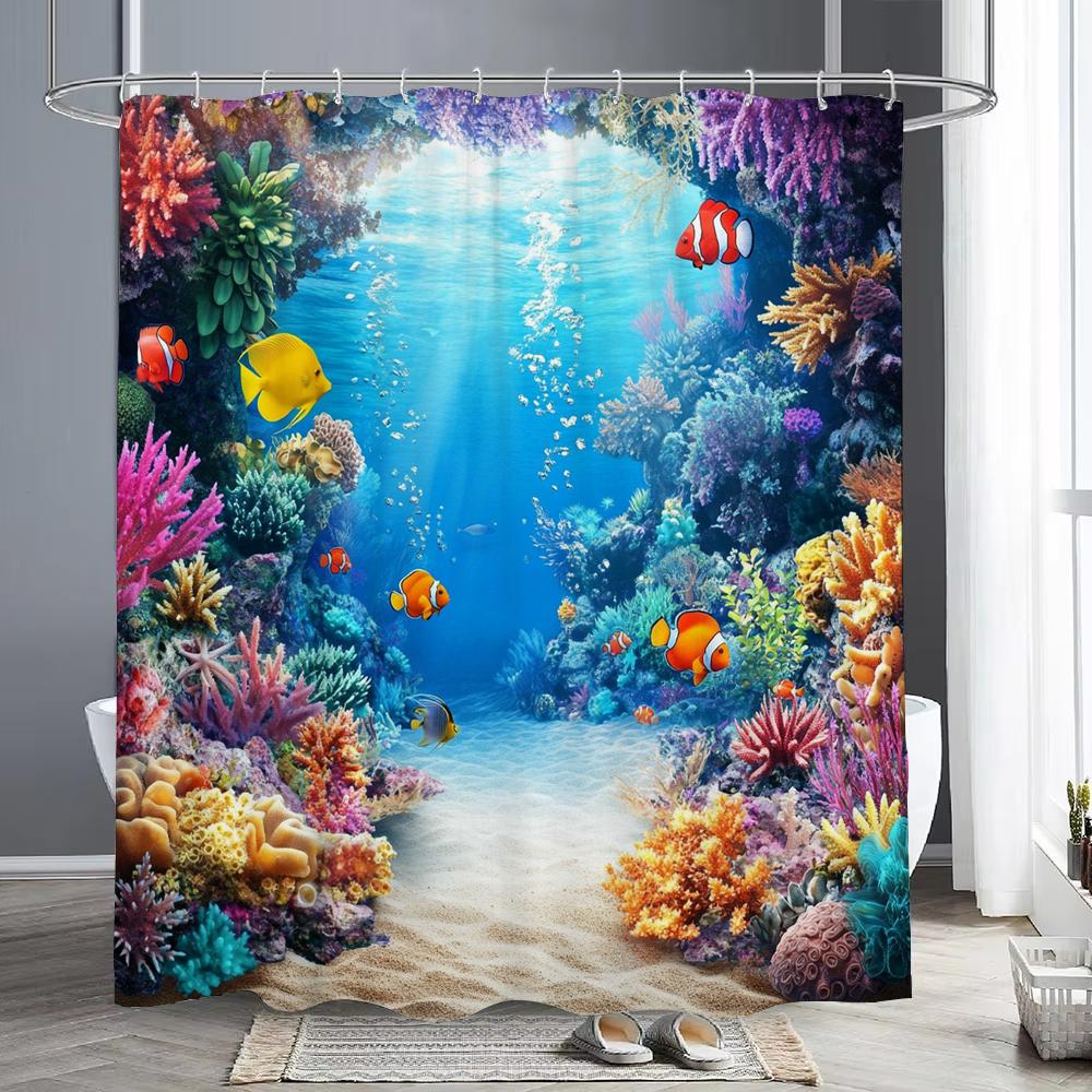 Mondo Sottomarino Alghe Coralli Pesci Tenda da Doccia, Tenda da Doccia Decorativa per Bagno, Tenda da Doccia Impermeabile con Ganci