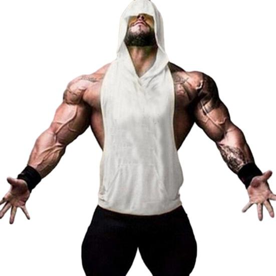 Pánská sportovní vesta s kapucí, bez rukávů, jednobarevné volné, hluboké podpaží, velká nášivka, kapsa, trénink, cvičení, jogging, tílko