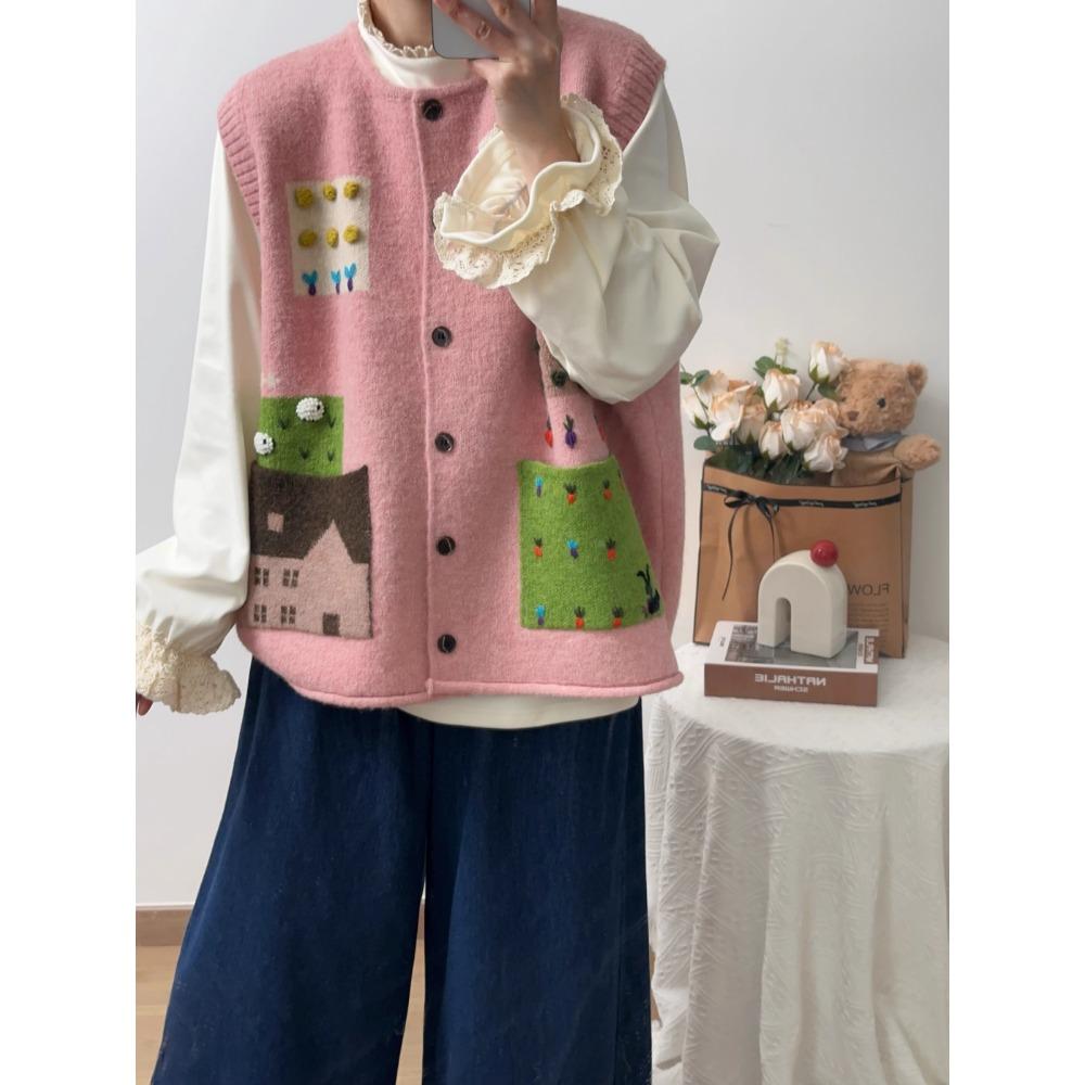 

DIMANAF 2025 Осень Женский Вязаный Жилет Без Рукавов С Принтом Узоров На Пуговицах Повседневный Стиль Свободный Оверсайз Свитер one size розовый