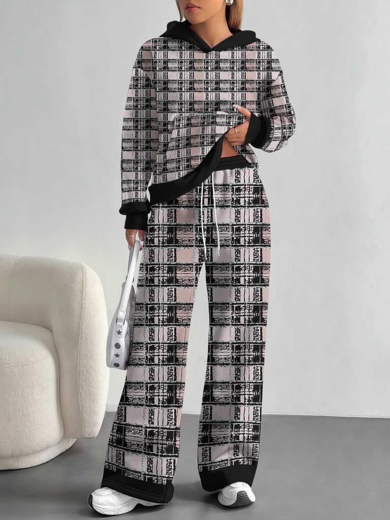 Square Splicing European, American Autumn and Winter Casual Long-sleeved Suit Women's Hooded Sweater Trousers Two-piece Set