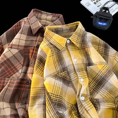 Autumn and Winter Hong Kong Style Shirt Loose Coat Grinding Long Sleeves Falling Shoulder Shirt Versatile Plaid Jacket