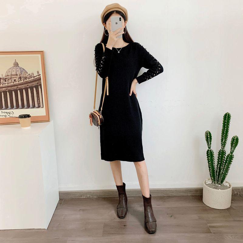 

Sunshine House Autumn and Winter Export Fashion Ann Home Beaded Sleeves Women s Knitting Sweater Dress Plus Size Slim Looking Black Bust size 100