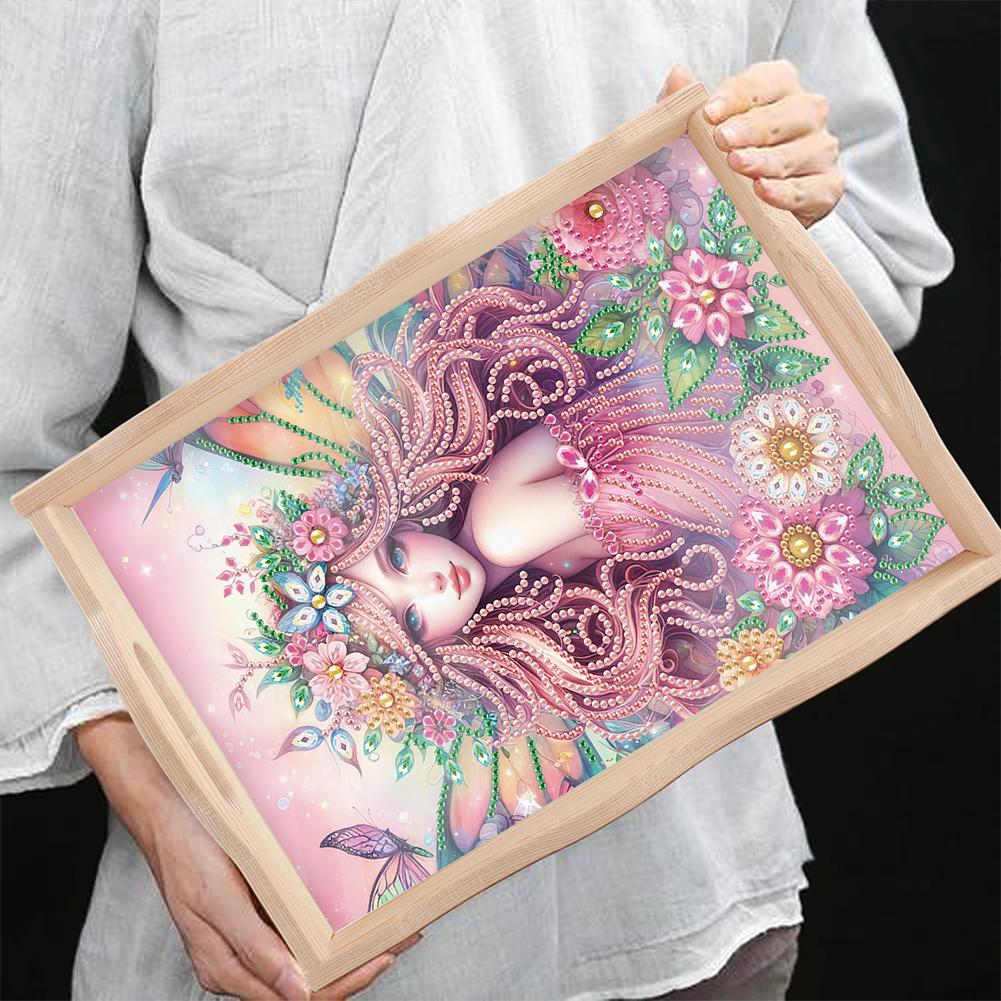 Wooden Girl Girl Diamond Painting Tray Handicraft with Handles Rectangular Diamond Decorative Serving Tray for Desk Coffee Table