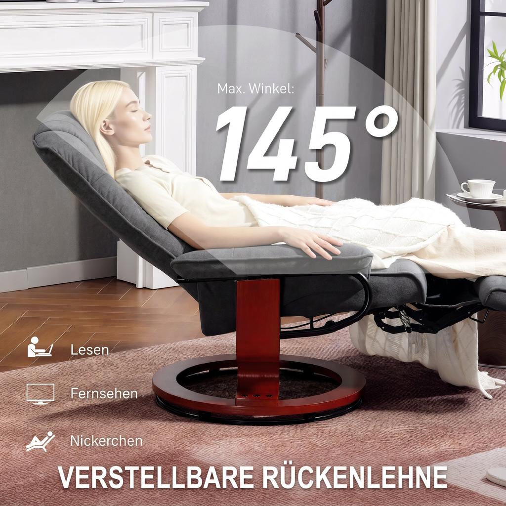 Swivel Recliner, Linen Look, Manually Adjustable Chair with Wooden Base, Footrest, High Backrest, Gray