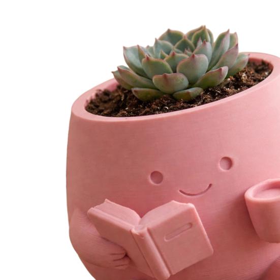 Sød Smilende Ansigt Planteholder, 3D Printet Læsende Hoved Planteholder, Siddende Figur Med Bog Og Kop Plante Pot til Sukkulenter Kaktus Skrivebordsdekoration