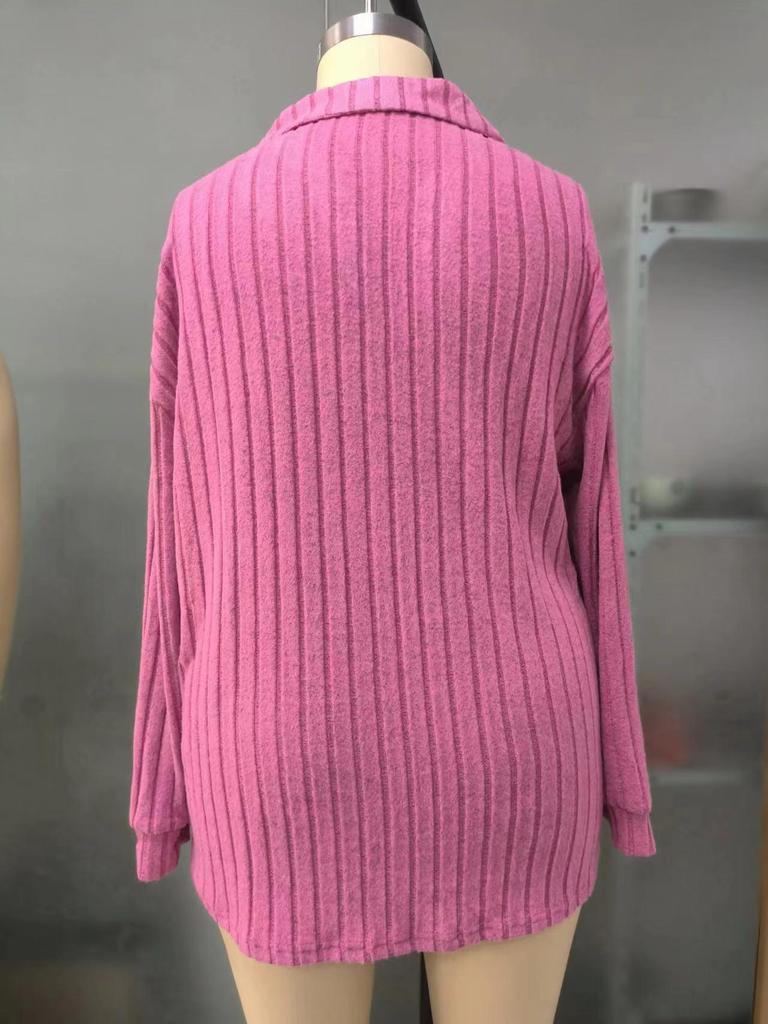 2025 Autumn/Winter Women's Plus Size V-Neck Ribbed Brushed Long Sleeve Top