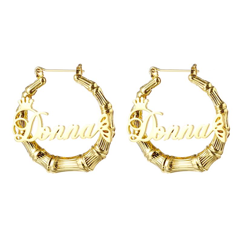 Fashion Earring Jeweley Stainless Steel 18K Gold Plated Bamboo Custom Letter Name Big Large Hoop Earrings for Women