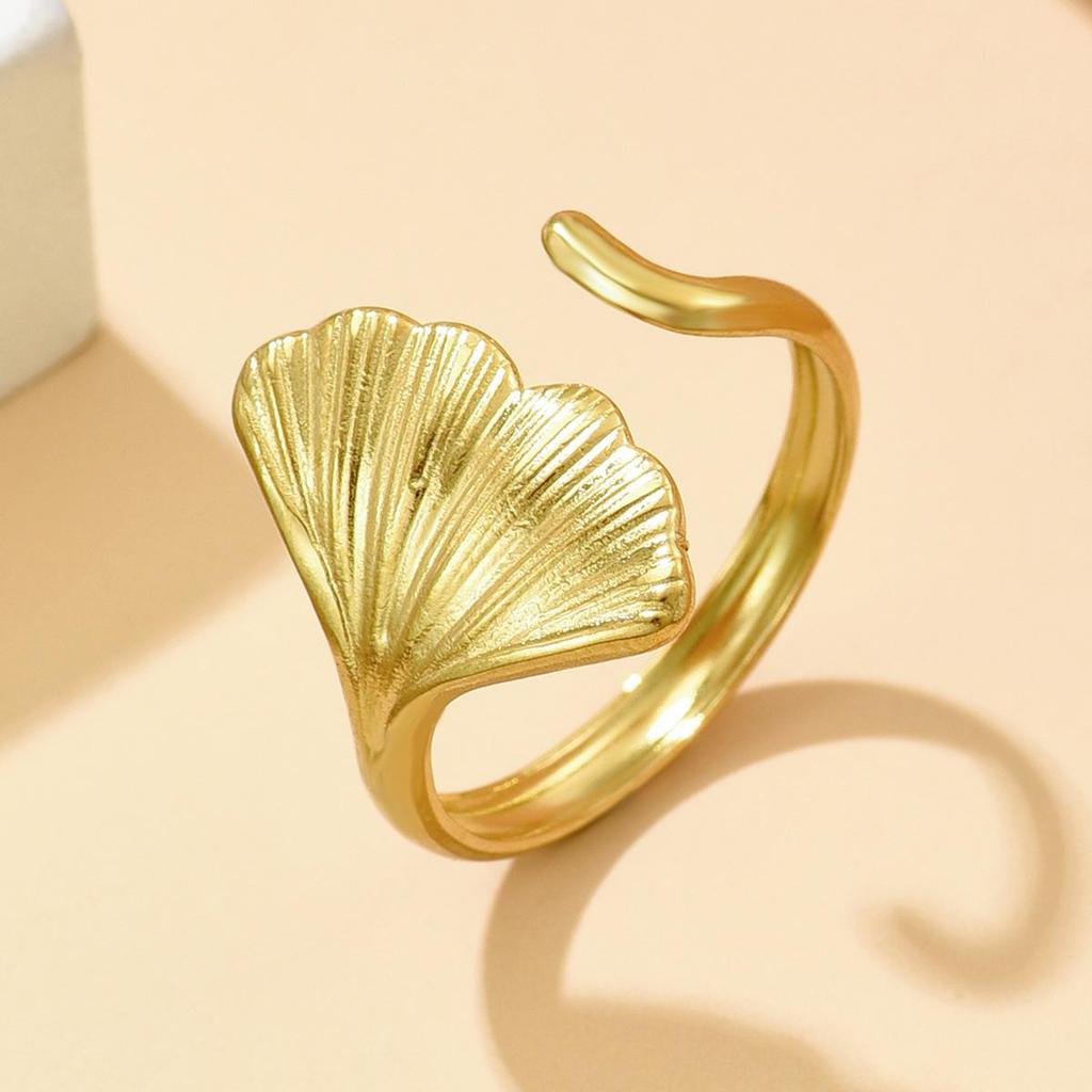 Adjustable Stainless Steel Forest Ginkgo Leaf Ring for Women