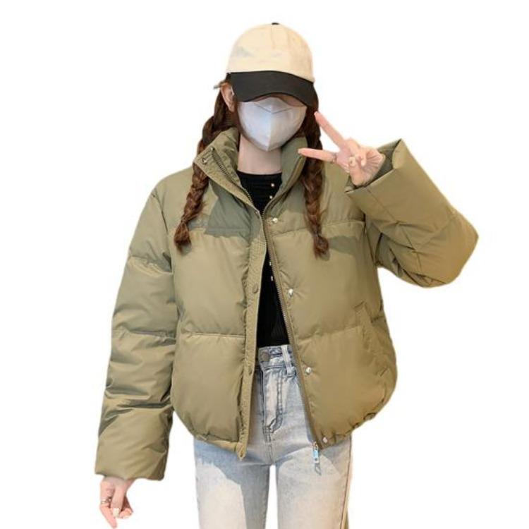 

Winter Warm Women Cotton Coat Stand Collar Thickened Lightweight Long Sleeve Solid Color Outwear with Pockets XL зелений