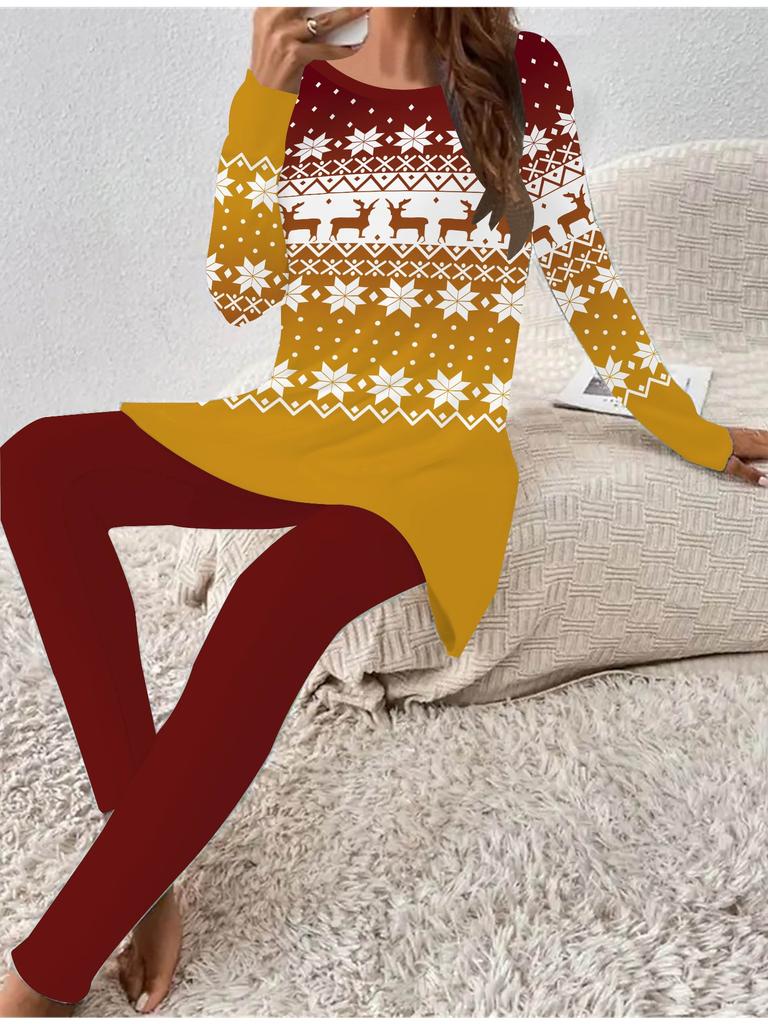 Euro-American Fashion 3D Christmas Printed Women's Four-season Long-sleeved T-shirt + Long Pants Two-piece Set. Perfect Gift for New Year & Christmas