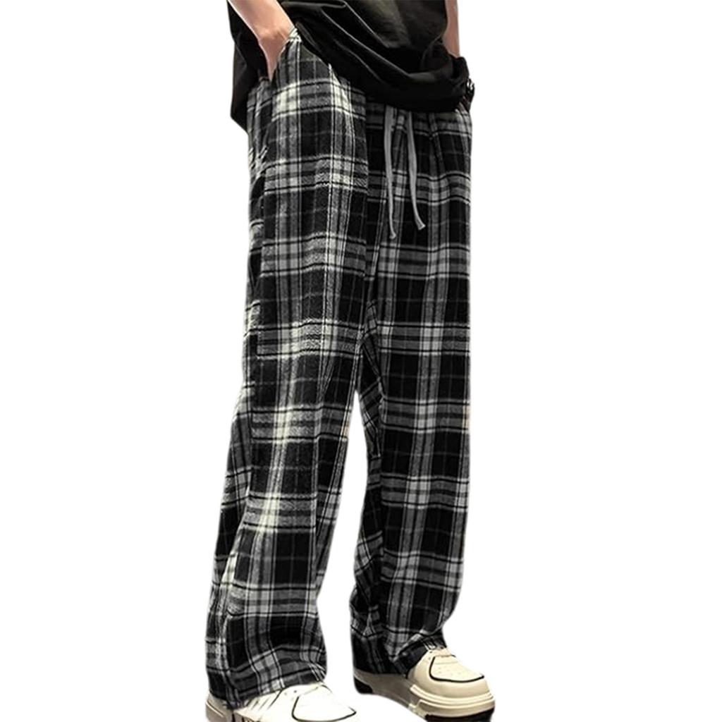 Men's Loose Comfortable Casual Fashion Tartan Print Wide Leg Pants With Drawstring