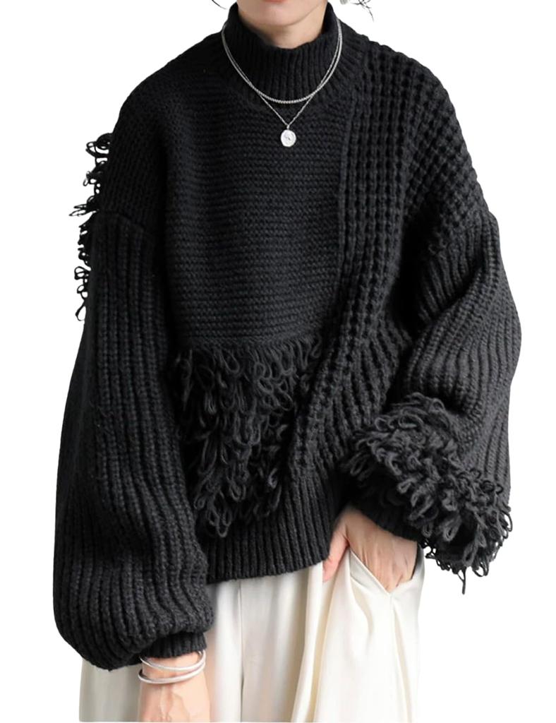 Antiqua Fringe Knit Long One Size Black Women's Top, Sleeve, ESA-00183, 05,