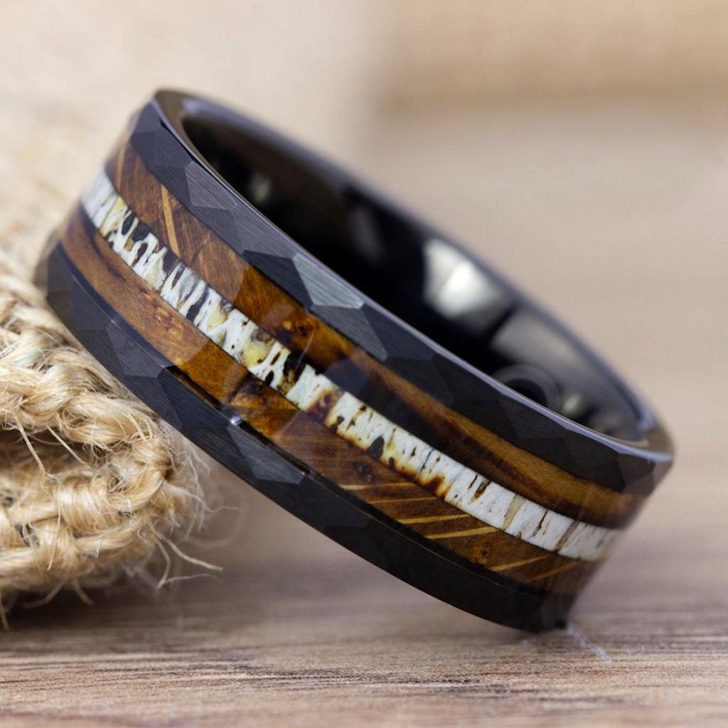 Fashion 8mm Men Stainless Steel Rings Rose Gold Color Brushed Deer Antler And Meteorite Rings for Men Wedding Band Jewelry Gift