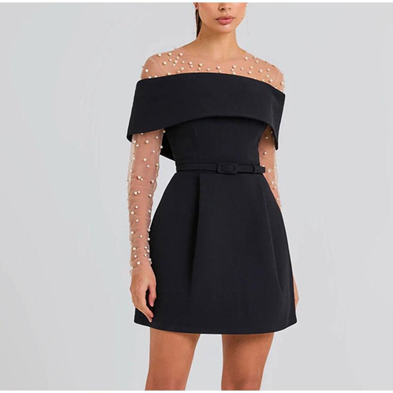 Women Simple Patchwork Off The Shoulder Party Dress Spring Summer Short Sleeve Mini Dress Slash Neck Solid Color Ladies Dress