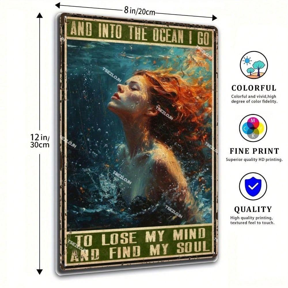 Vintage Metal Poster Nautical Wall Art Blue Green Mermaid Dive Quote Living Room Decor