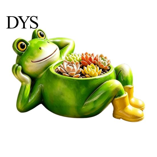 Weather Resistant Plant Container Cute Lying Frog Planter, Decorative Resin Pot, Funny Pastoral Style Garden Ornament for Succulents Indoor