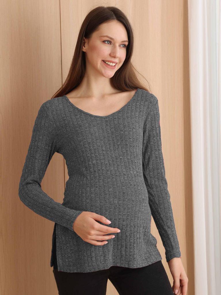 Ny sammetstopp med V-ringning för gravida med slitsar - Enfärgad, långärmad.