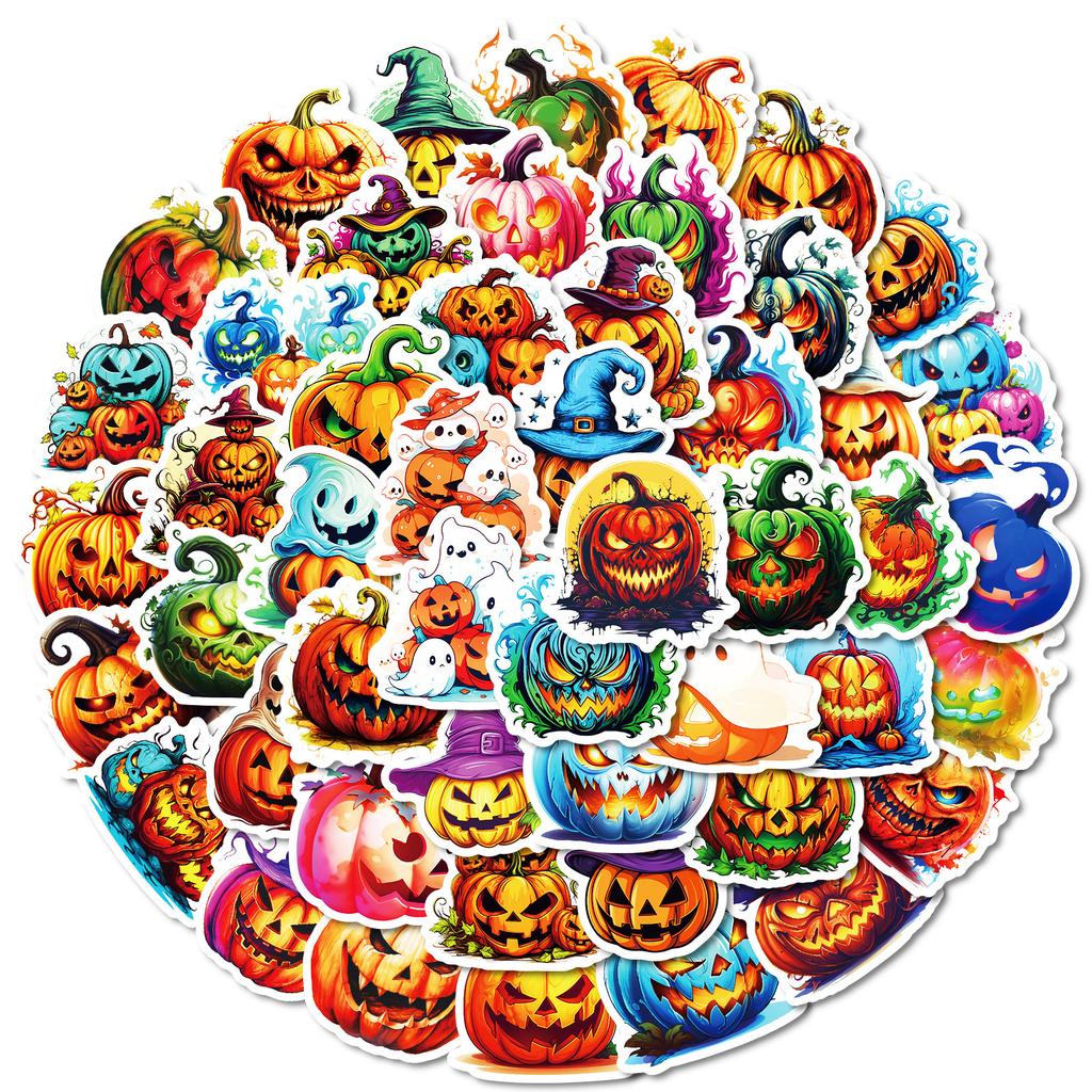   50Pcs Halloween Spooky Stickers - 2x1.8 Inch Durable Adhesive Decals for Phone, Laptop, Luggage, Party Decor