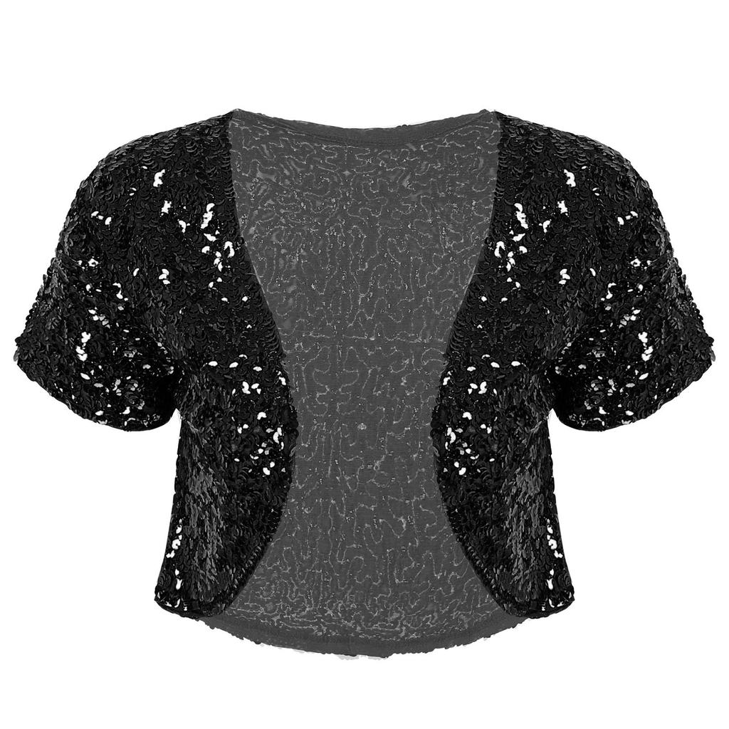 Women Sequin Cropped Jacket Glitter Waistcoat Cardigan Style Shiny Outerwear Stage Performance Costume Top
