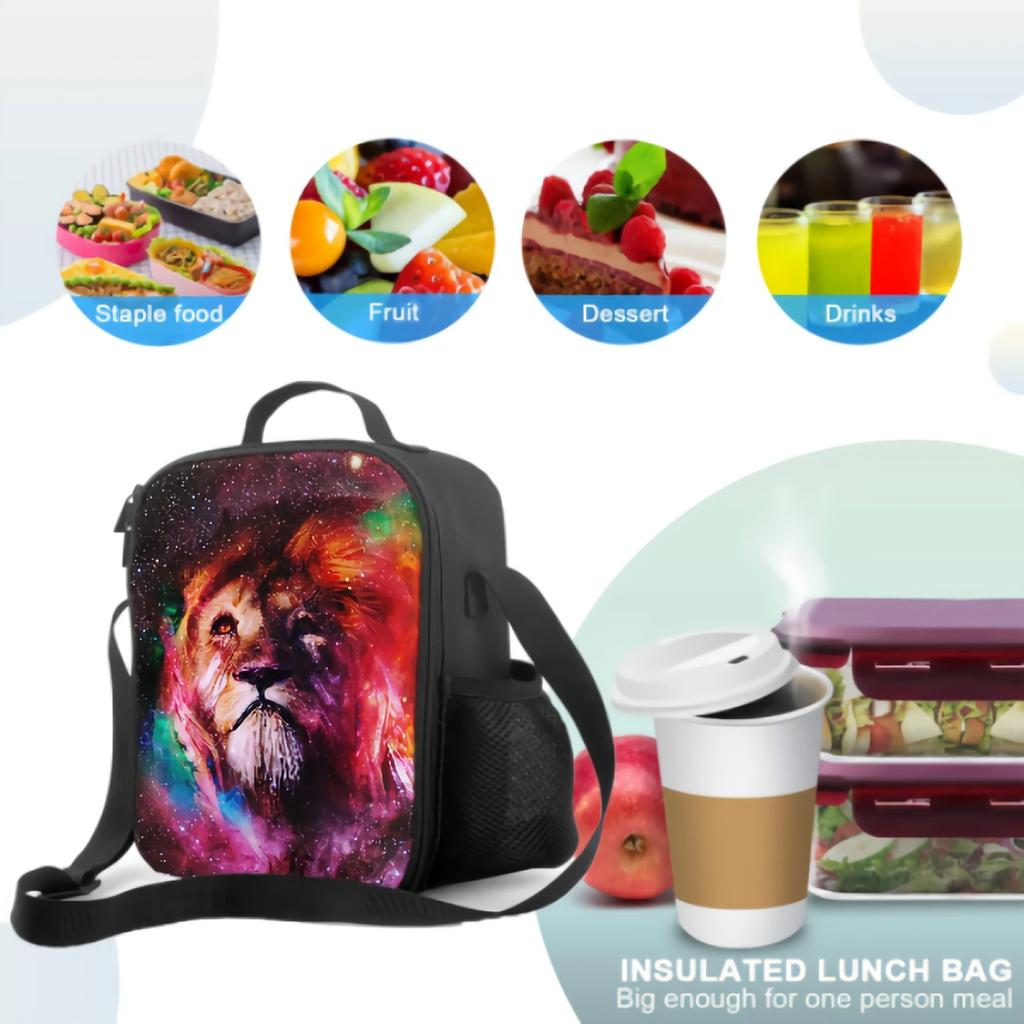 Galaxy Lion Insulated Lunch Box for Kids Leakproof Portable Lunch Bags with Adjustable Shoulder Strap Reusable Cooler Tote Bag