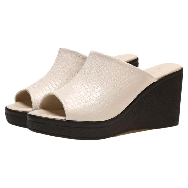 Damen Sommer Neue Leder Keilabsatz Peep Toe Hausschuhe Dicke Sohle Rutschfest Outdoor Höhensteigernde Hausschuhe Hohe Hacken Sandalen