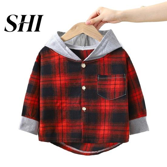 Children Long Sleeve Shirt Kids Plaid Hooded Spring Fall Chest Pocket Button Closure Lightweight Loose Causal Boys Girls Toddlers Sleeves Top 140cm