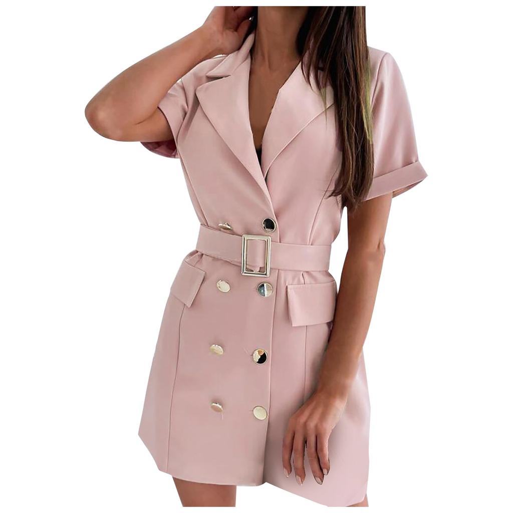 Dámské ležérní módní šaty s krátkým rukávem a stahovacím pasem a zdobené knoflíky