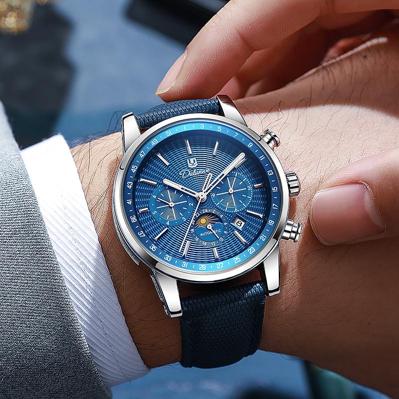 Men Automatic Mechanical Watch Blue Leather Strap Moon Phase Multi-Function Luminous Waterproof Business Sport Male Wrist Watch