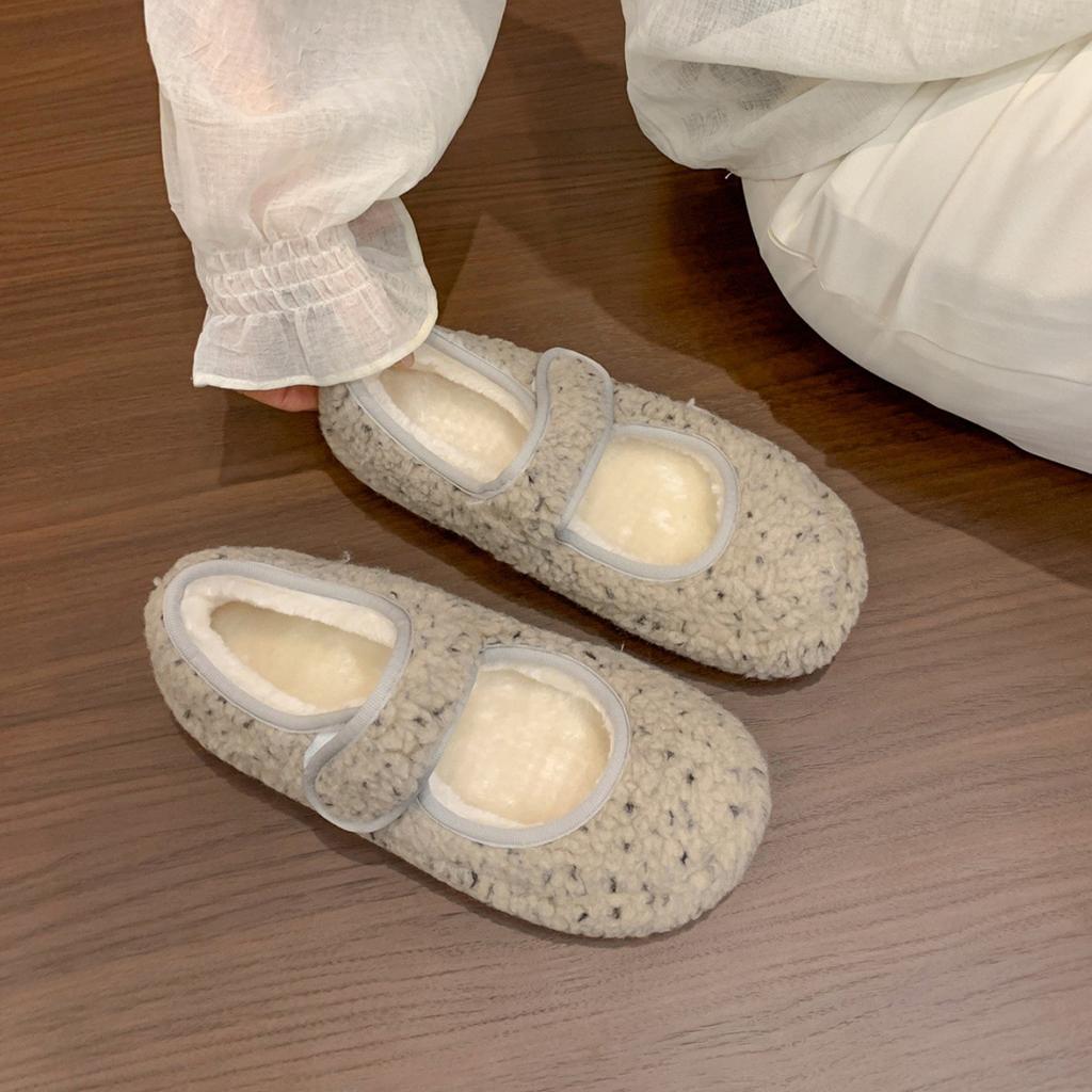 Fairy Wind Leopard Print Velvet Mary Jane Shoes Women's Bread Shoes Gentle Warm Fluffy Shoes Wear Cotton Shoes