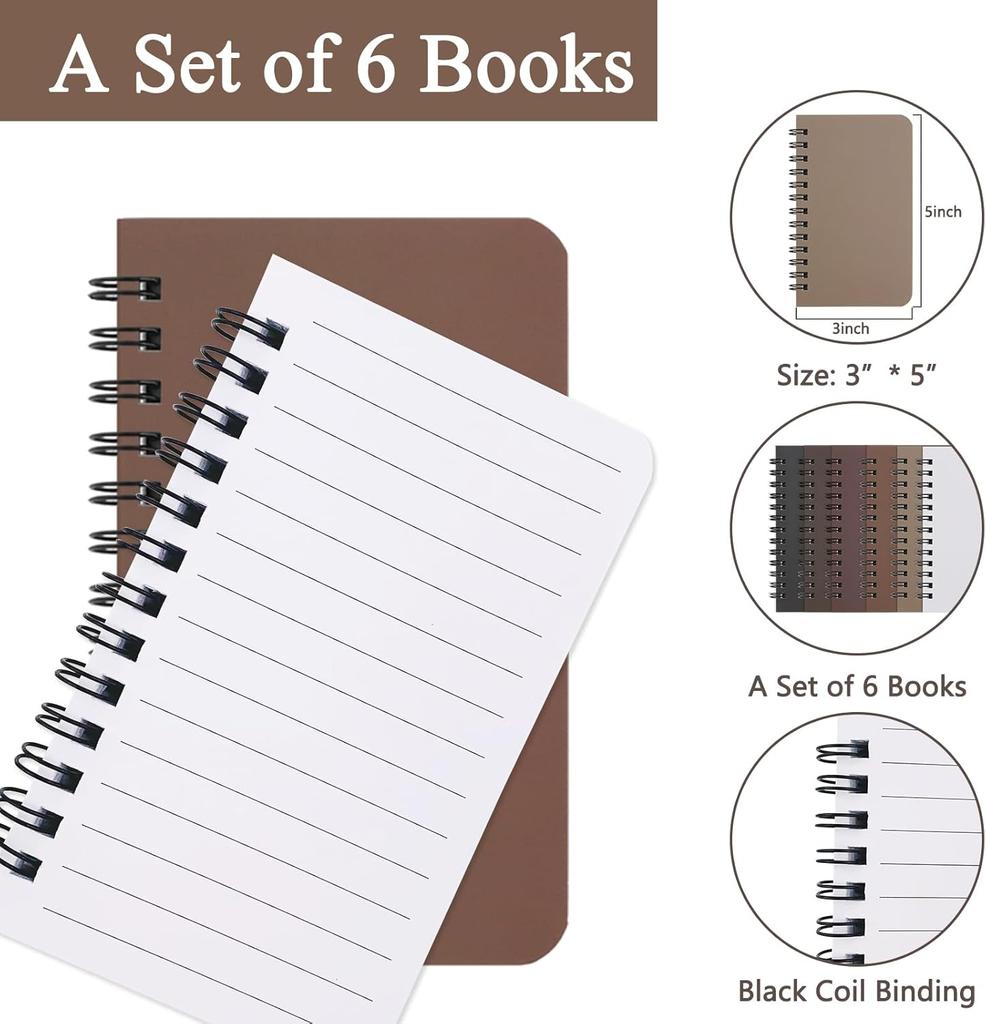 6 Pack Spiral Notebooks, 3x5 Pocket Size with Lined Pages for Home Office School Use