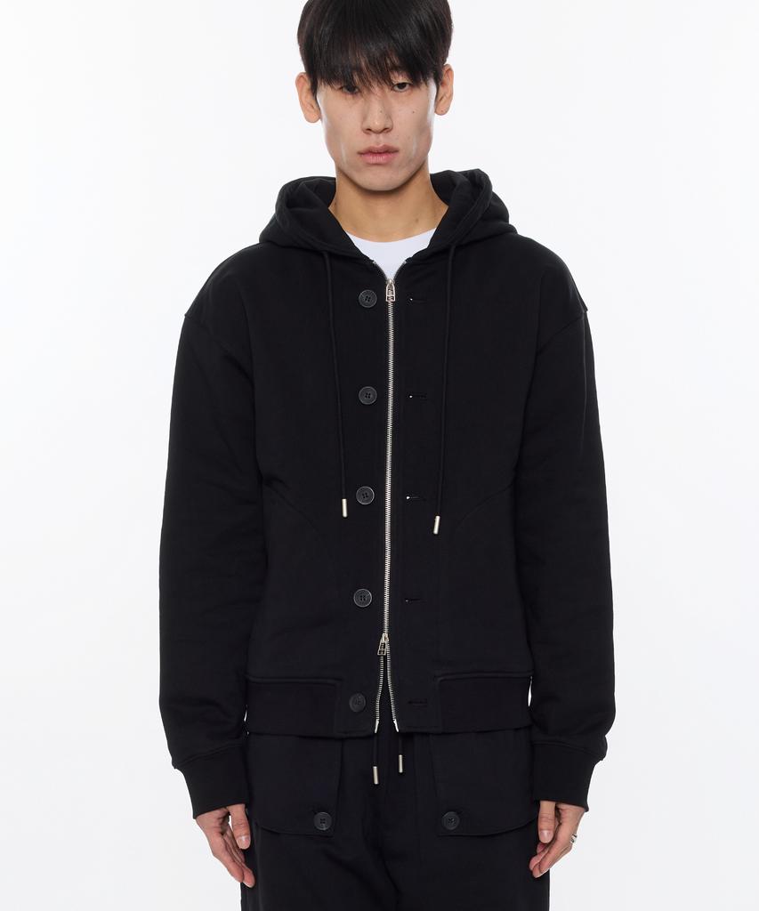 Piari Heavy Cotton Two-Way Button Zip-Up Hoodie (Black)