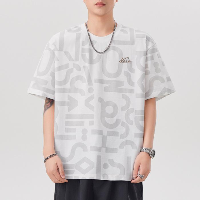 New Summer Short-sleeved T-shirt for Men Full-print Loose T-shirt Round Neck Versatile Five-point Sleeves M 4233₽