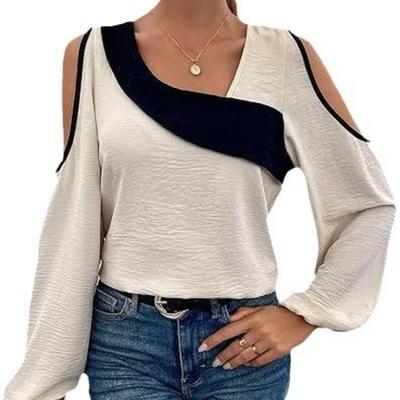 Spring Autumn Off Shoulder Splicing Hooded Diagonal Collar Long Sleeve Loose Women's Shirt Blouses & Shirts