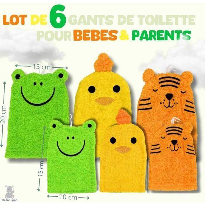 Hello Hippo® Lot de 6 Gants de Toilette Bébé & Enfant - Gants Douche Coton – Tigre, Grenouille, Poussin