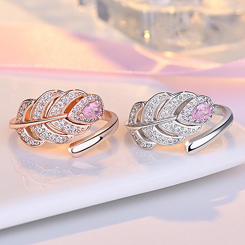 Artistic Leaf Feather Ring with Zircon Inlay - Japanese & Korean Style